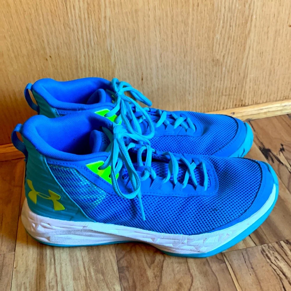 Under Armour Jet size 6 VEGAN blue yellow mid basketball sneakers shoes